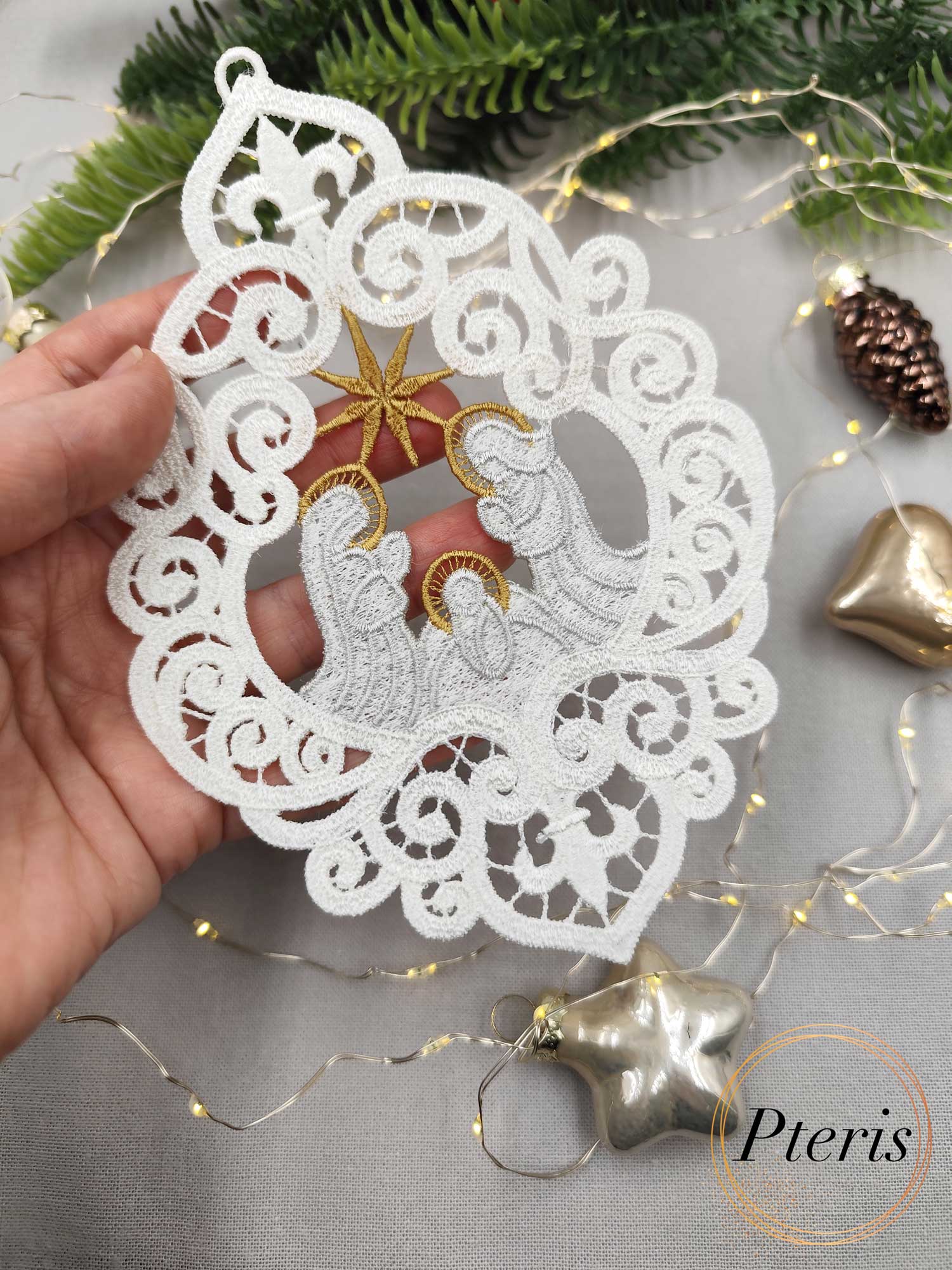 FSL Nativity Scene Suncatcher - Freestanding Lace Christmas Ornament Design - Image 3