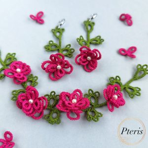FSL Rose Tatting Jewelry Designs featuring bright pink 3D lace roses with pearl centers and green leaves, fashioned into earrings and a necklace on a light grey background.