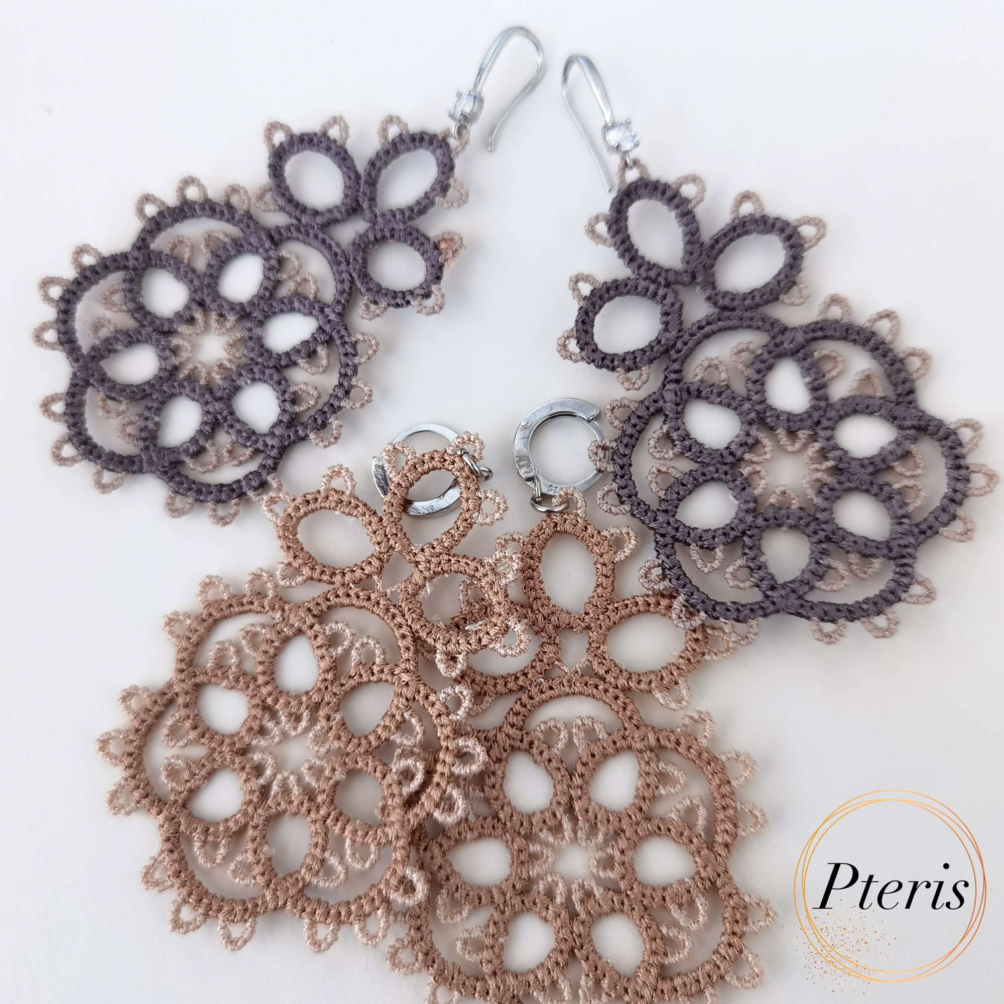 FSL Tatting Earrings Embroidery Design featuring a pair of intricate, teardrop-shaped freestanding lace earrings in a traditional knotted tatting style.