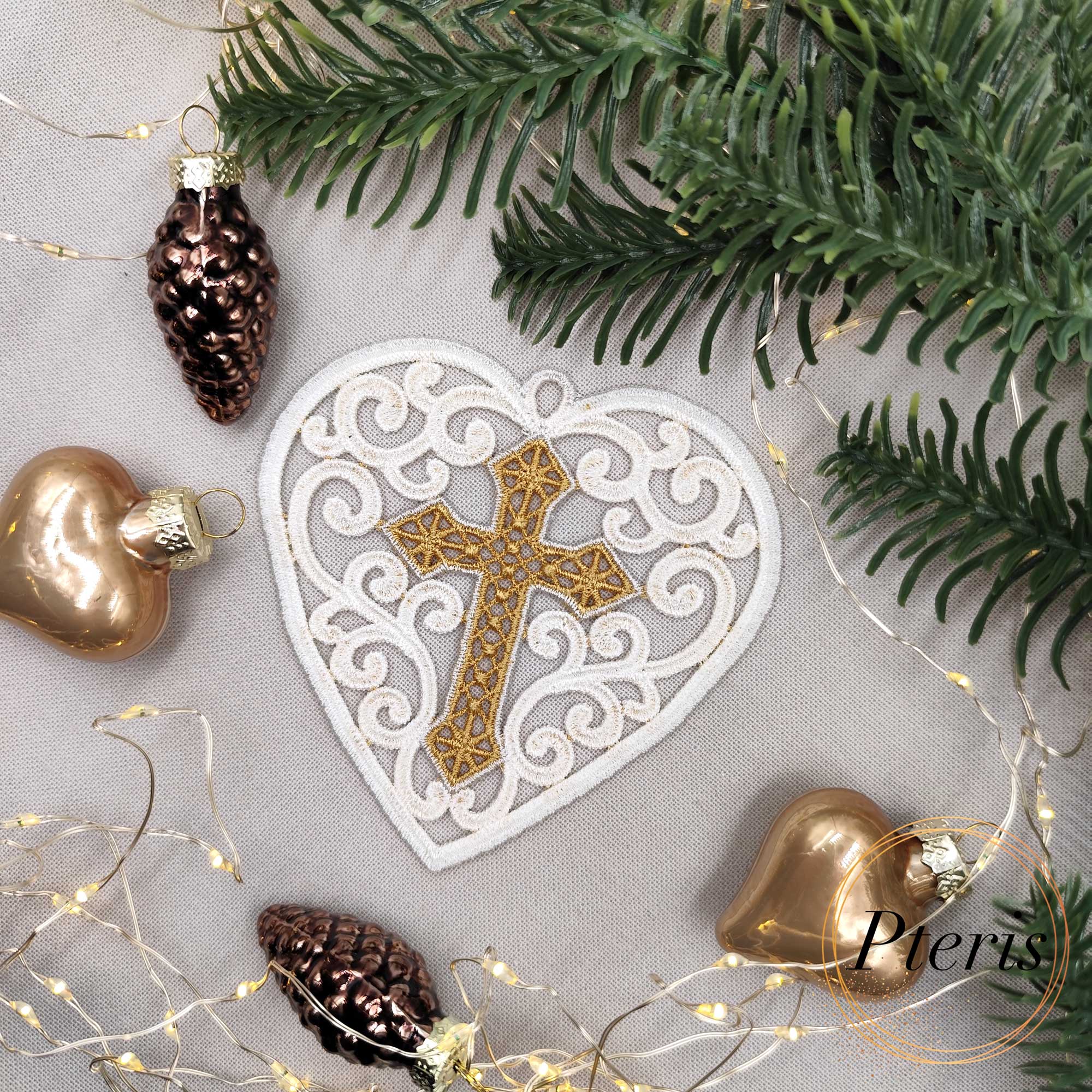 Mini FSL Heart with Cross - Freestanding Lace Pendant & Ornament Machine Embroidery Design - Image 3
