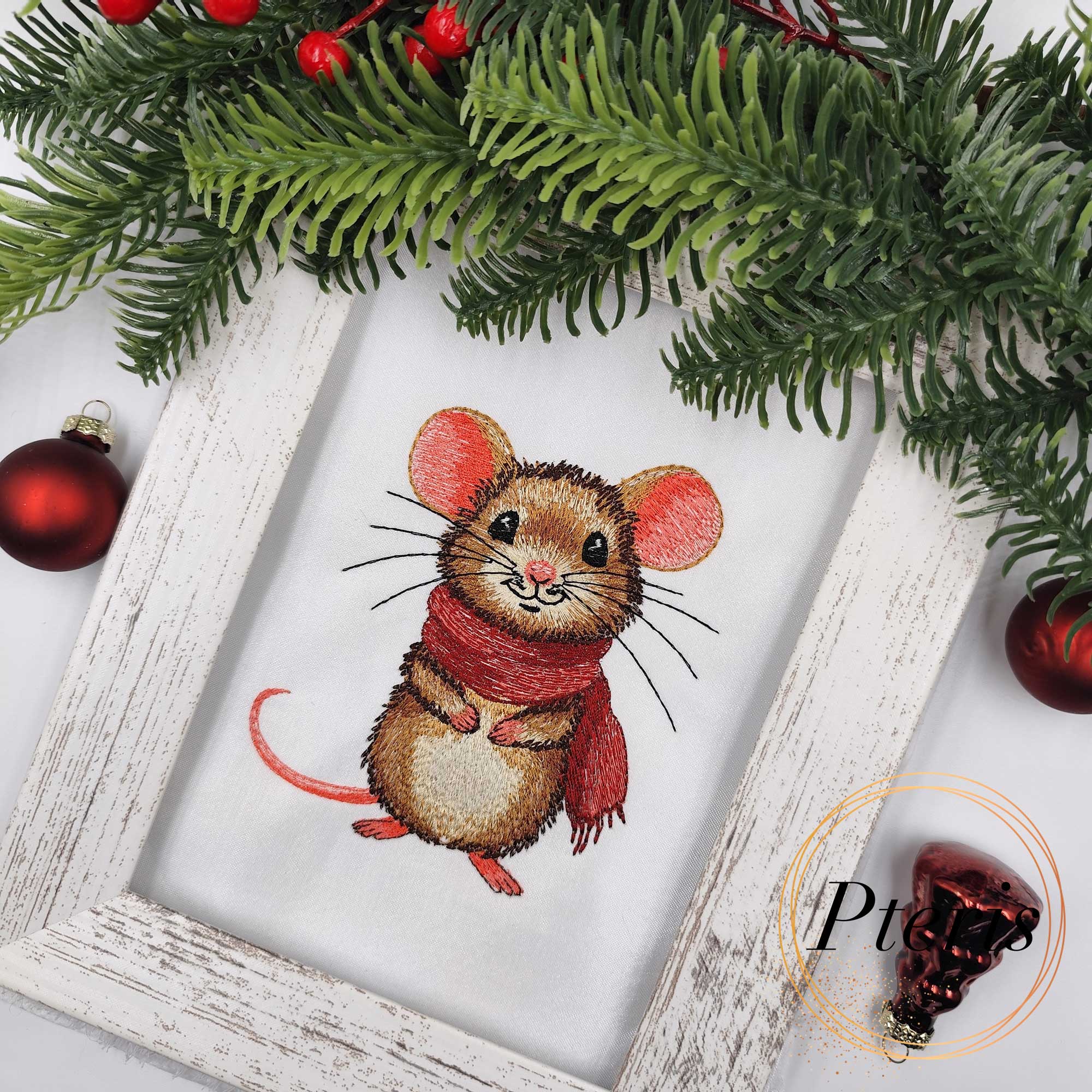 Cute Mouse with Winter Scarf - Machine Embroidery Design - Image 3