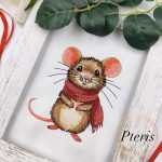 Cute Mouse Embroidery Design showing an adorable brown field mouse with large pink ears, dark sparkling eyes, and a cream belly, wearing a cozy textured red scarf wrapped around its neck, embroidered on a clean white fabric sample.