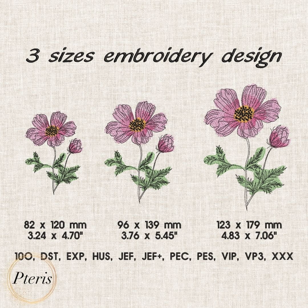 Graceful Cosmos Flower - Sketch Style Machine Embroidery Design - Image 2
