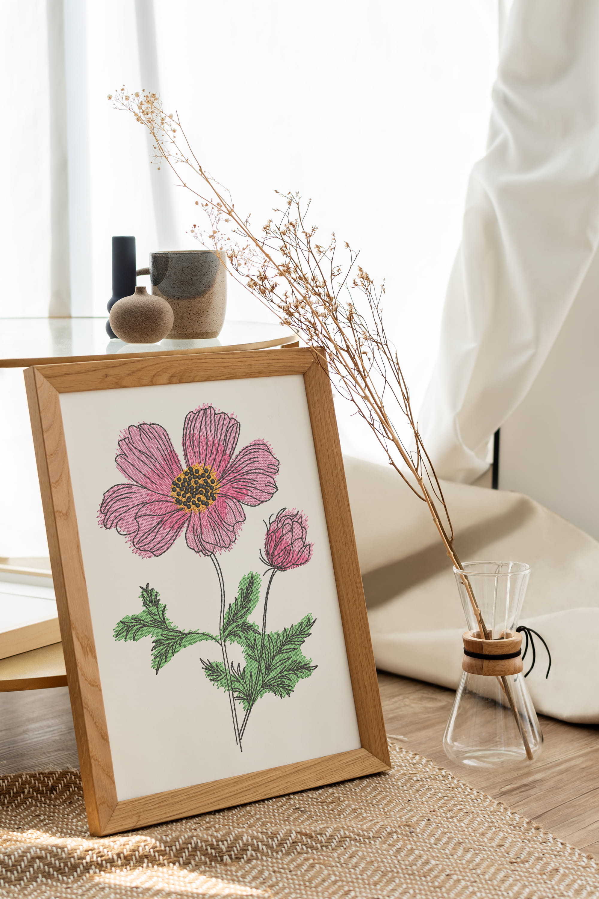 Graceful Cosmos Flower - Sketch Style Machine Embroidery Design - Image 5