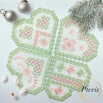 Heart Hardanger cocktail napkin machine embroidery design bundle showcasing four distinct heart-shaped linen napkins with pastel green scalloped borders and pink geometric cutwork lace window inserts.