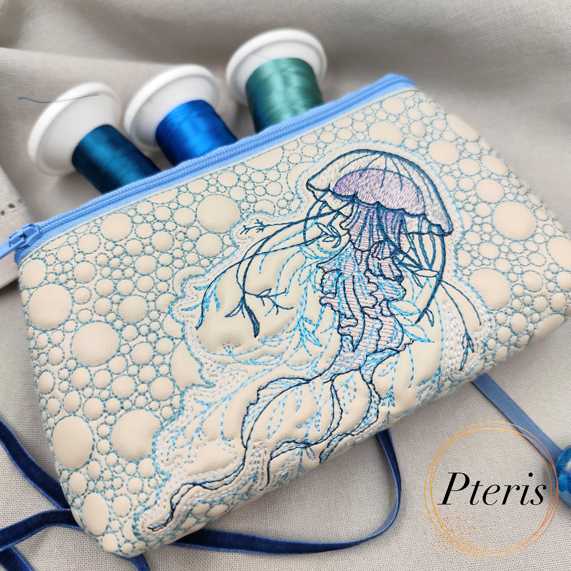 ITH Quilted Jellyfish Makeup Bag - In-the-Hoop Machine Embroidery Design - Image 2