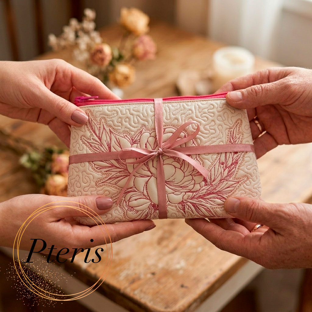 ITH Quilted Peony Makeup Bag - Fully Lined Zipper Pouch Machine Embroidery Design - Image 2