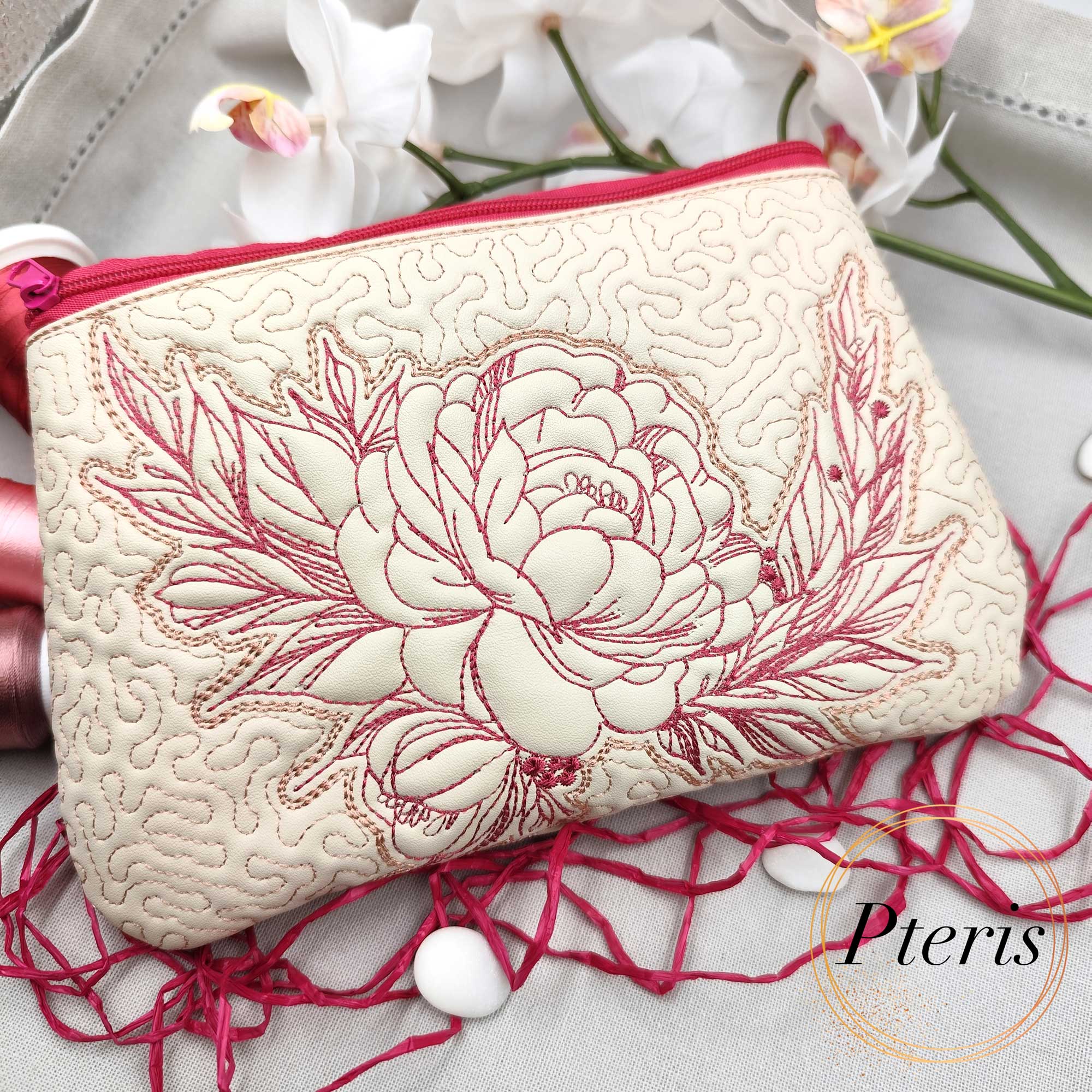ITH Quilted Peony Makeup Bag - Fully Lined Zipper Pouch Machine Embroidery Design - Image 3