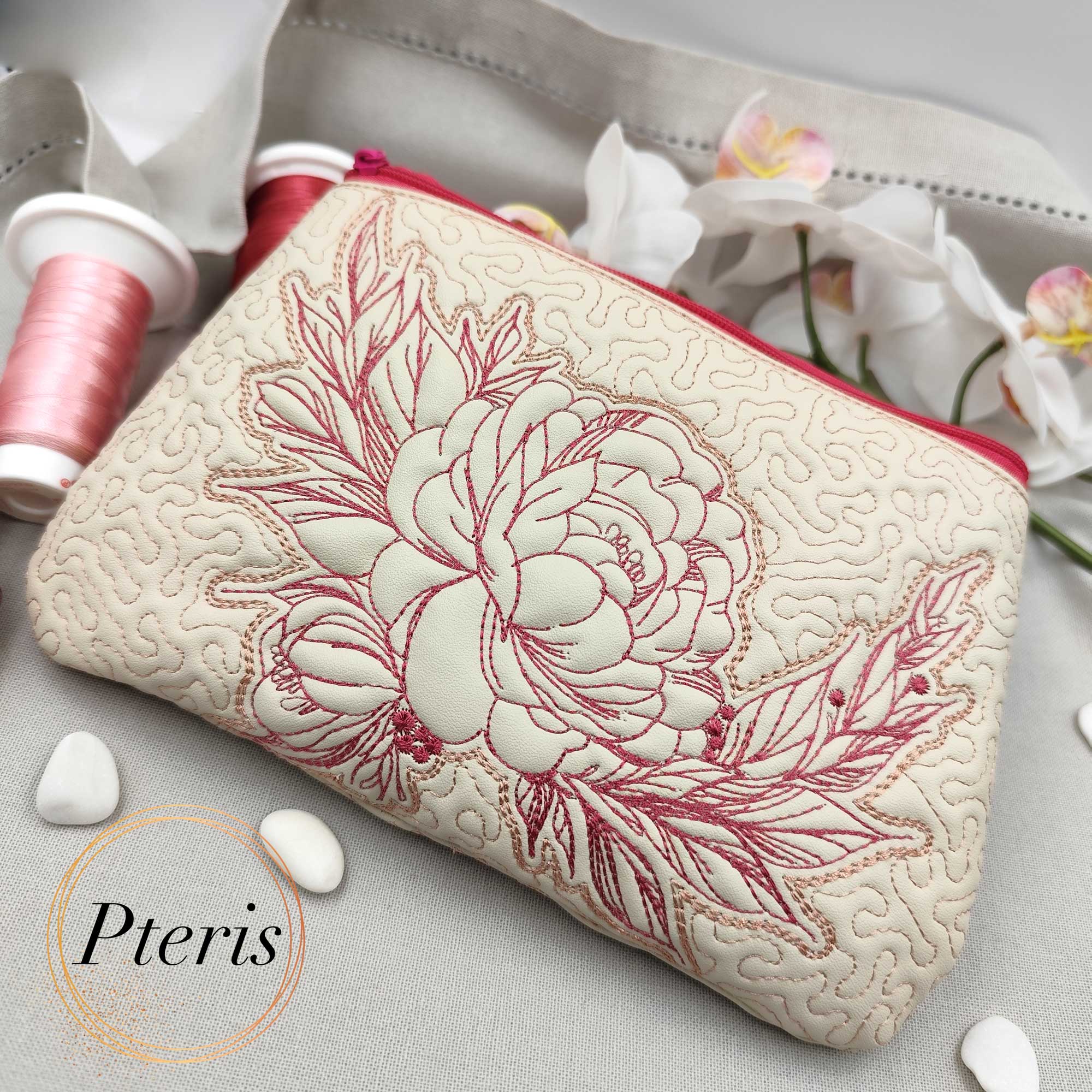ITH Quilted Peony Makeup Bag - Fully Lined Zipper Pouch Machine Embroidery Design - Image 4