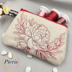 ITH Quilted Peony Makeup Bag - Fully Lined Zipper Pouch Machine Embroidery Design