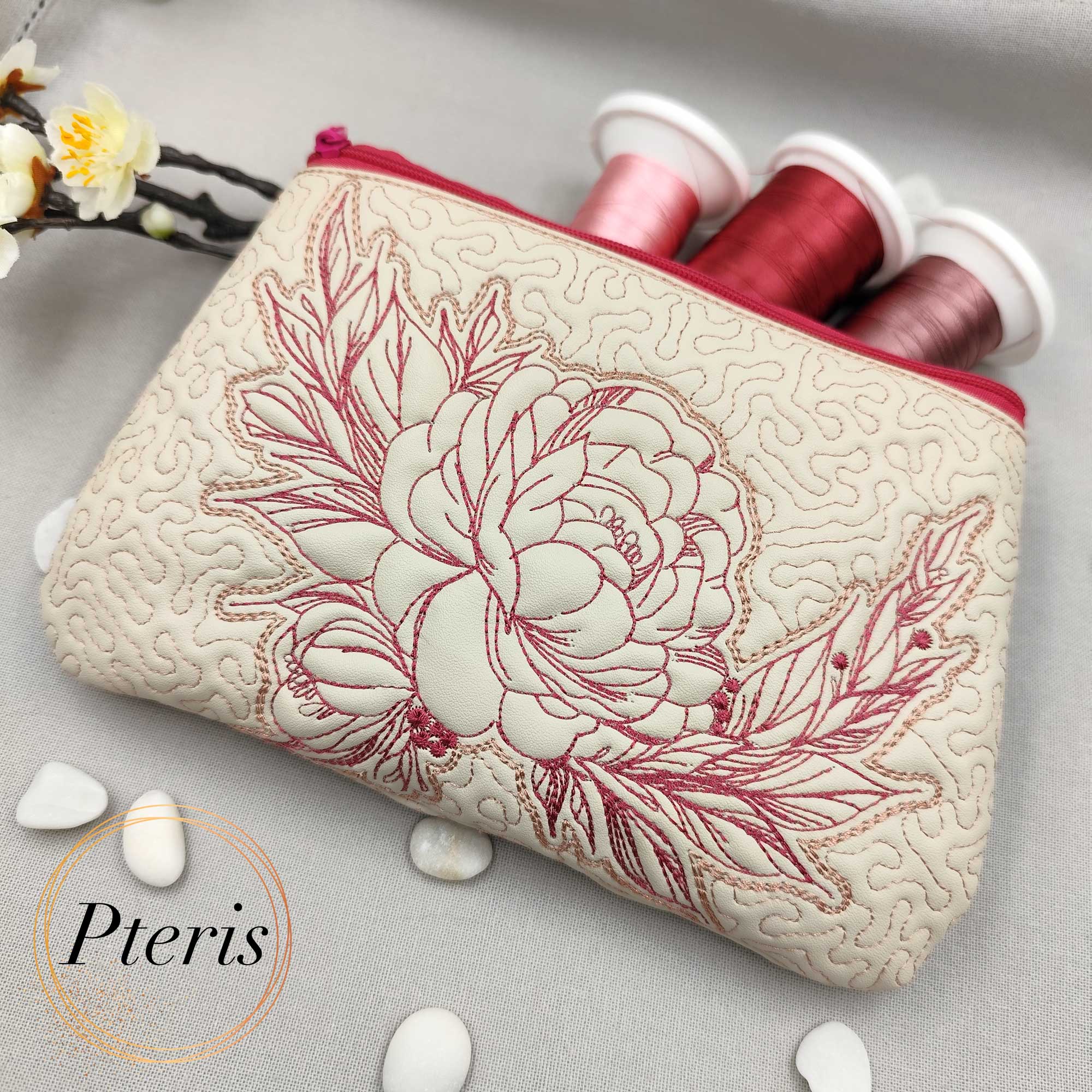 ITH Quilted Peony Makeup Bag - Fully Lined Zipper Pouch Machine Embroidery Design