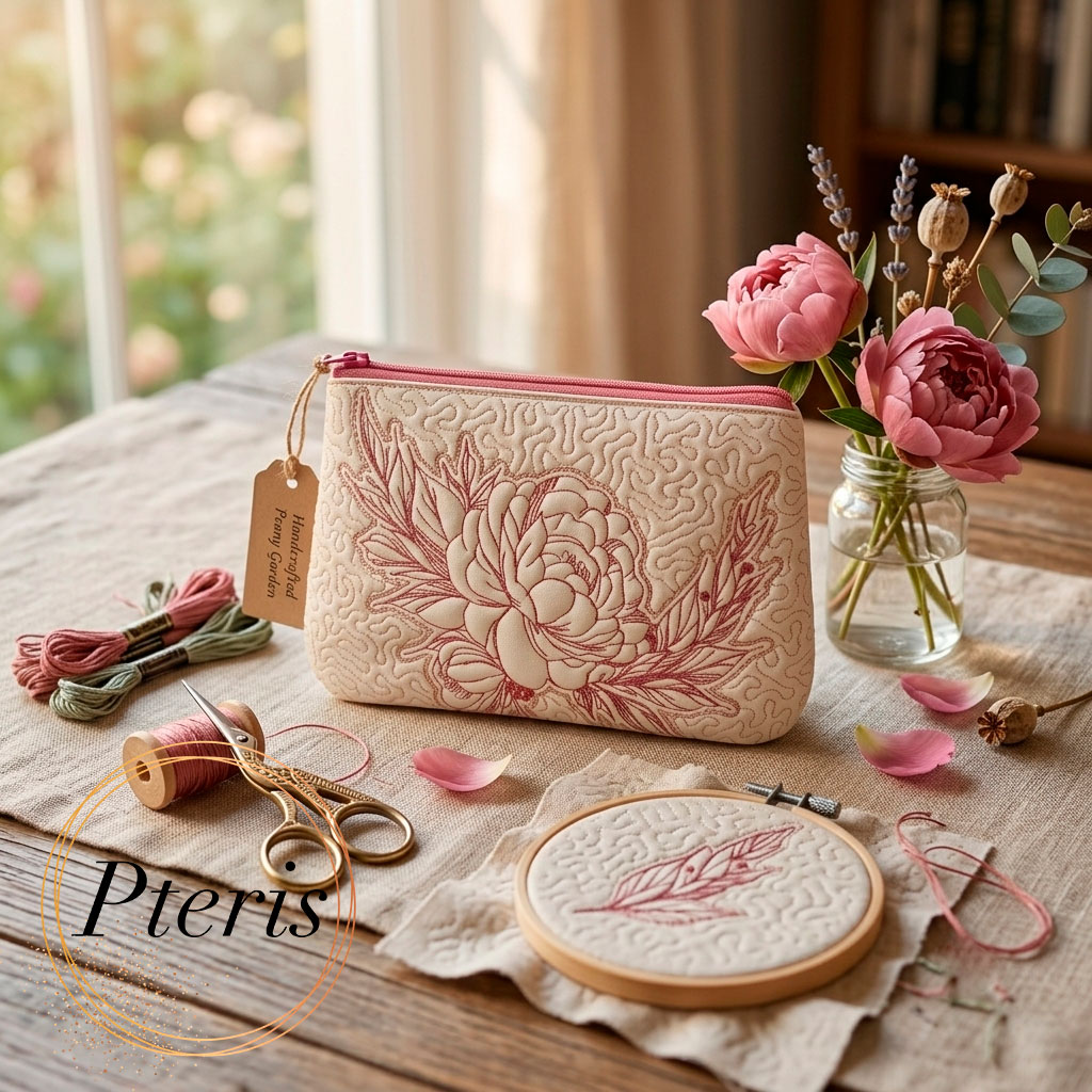 ITH Quilted Peony Makeup Bag - Fully Lined Zipper Pouch Machine Embroidery Design - Image 6