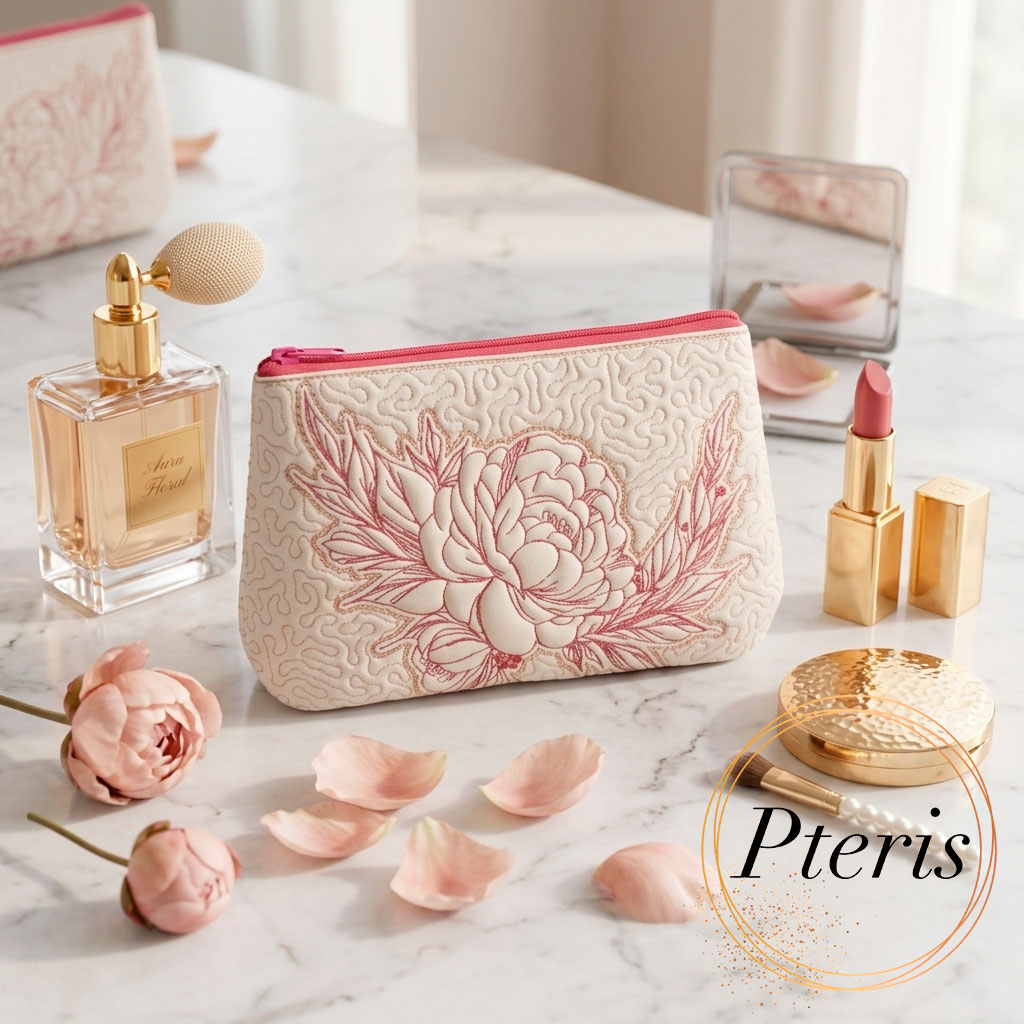 ITH Quilted Peony Makeup Bag - Fully Lined Zipper Pouch Machine Embroidery Design - Image 7