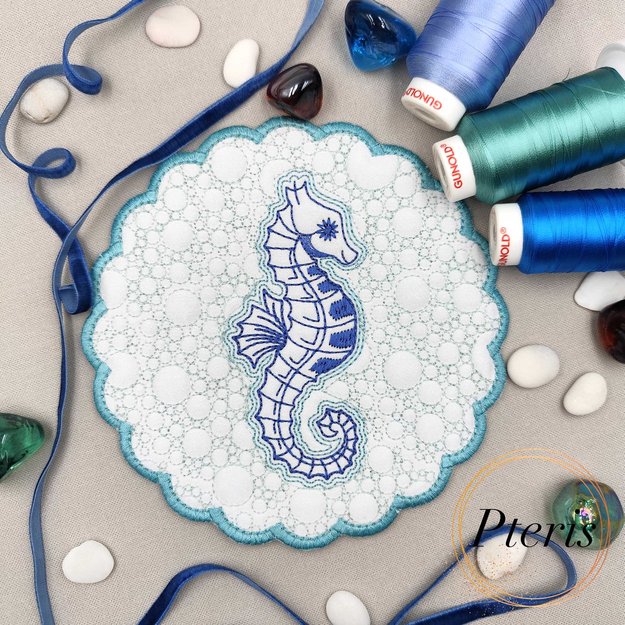 ITH Quilted Seahorse Coaster & Hot Pad - In-the-Hoop Machine Embroidery Design