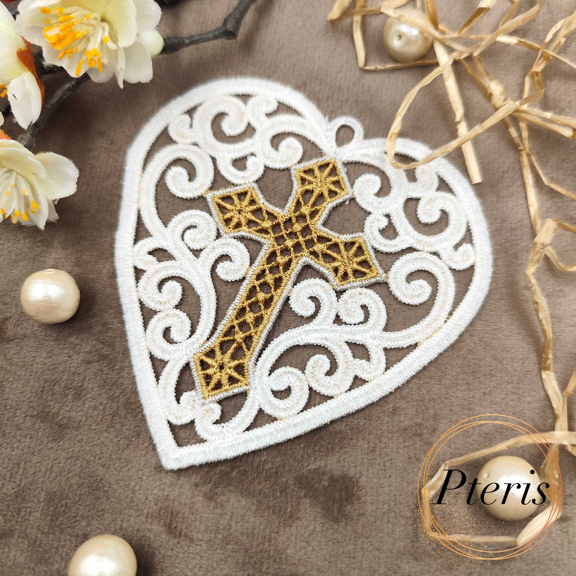 Mini FSL Heart with Cross - Freestanding Lace Pendant & Ornament Machine Embroidery Design - Image 2
