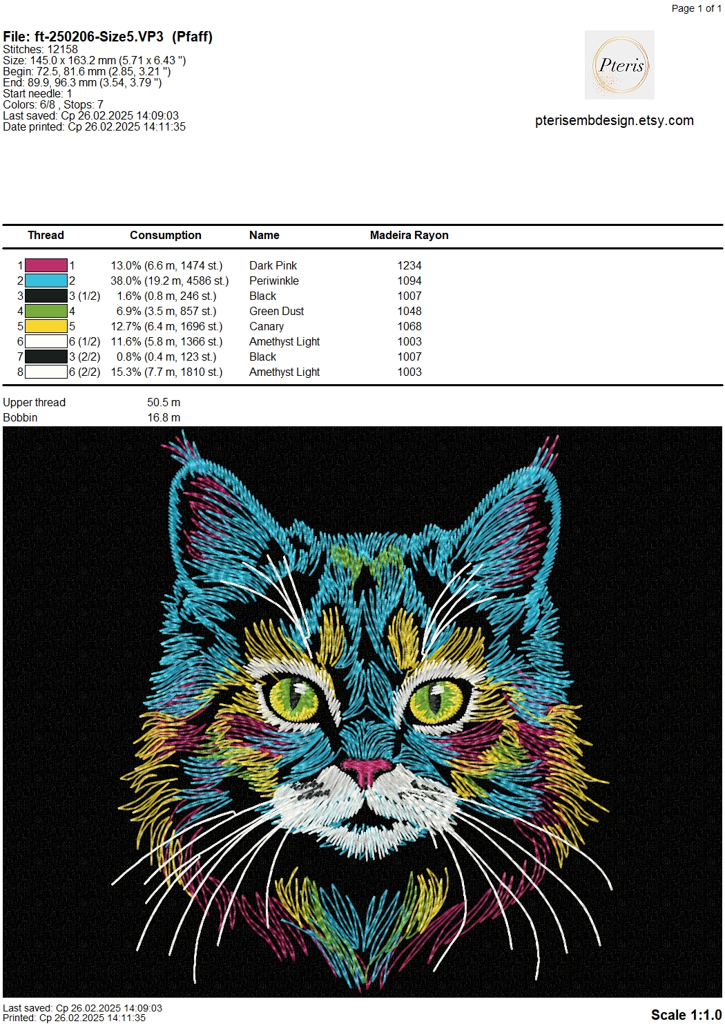 Rainbow Cat Portrait - Colorful Feline Machine Embroidery Design - Image 2