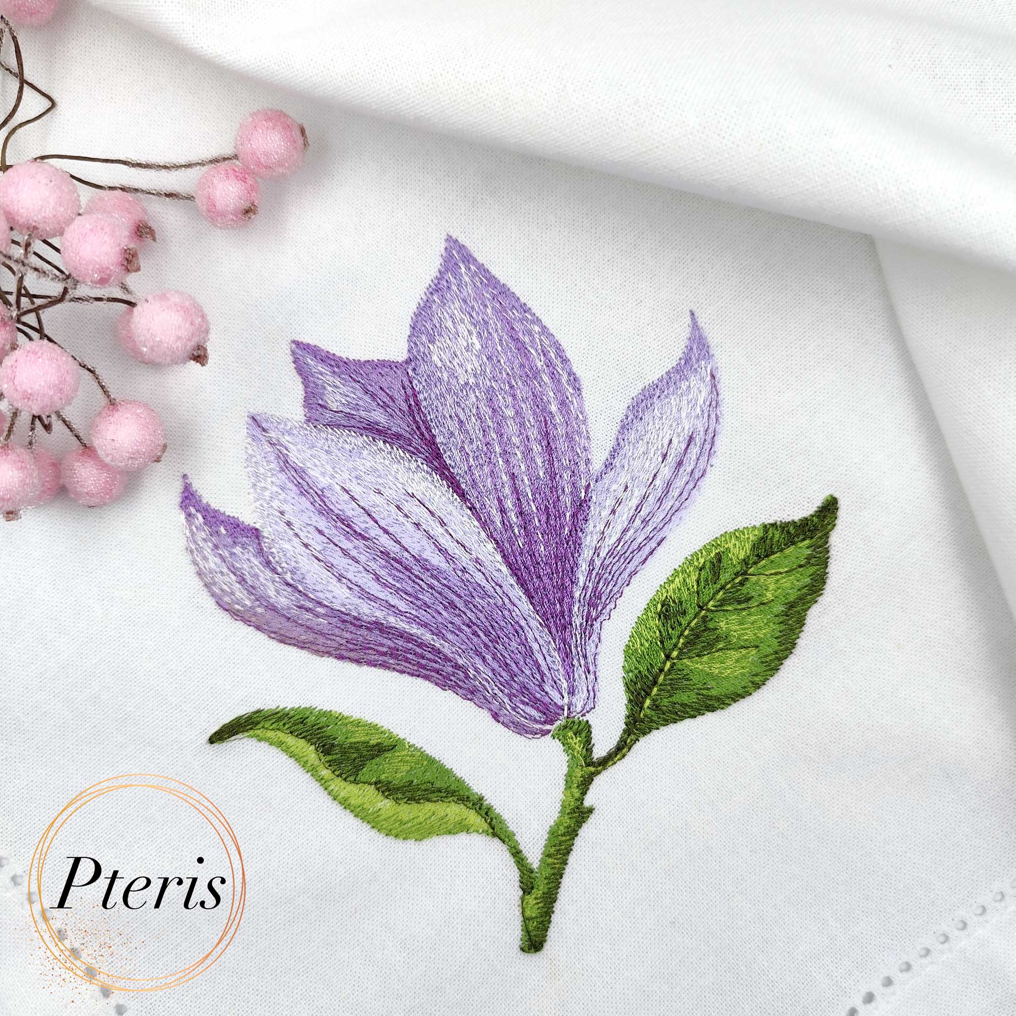 Magnolia Flower Machine Embroidery Design - Purple Floral Digital Embroidery File