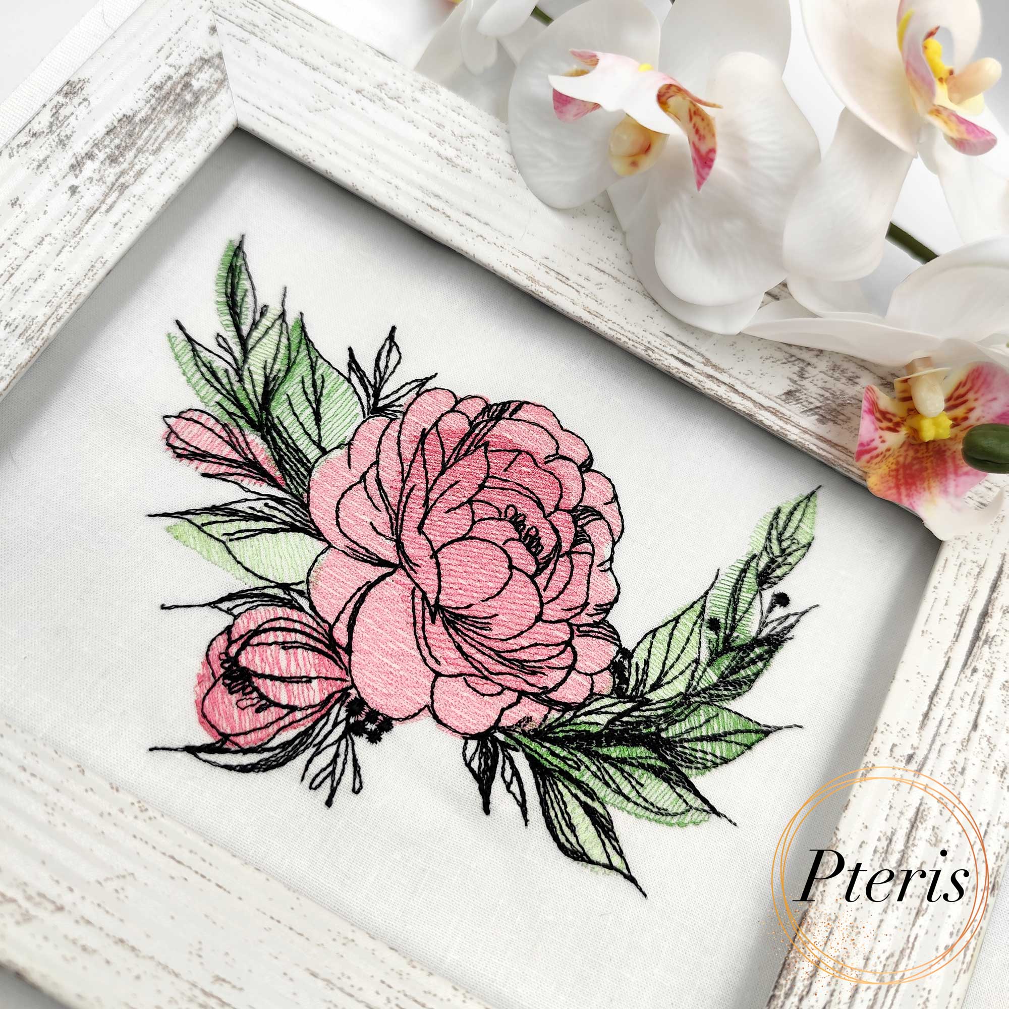 Pink Peony Machine Embroidery Design - Delicate Sketch Floral Digital File - Image 4