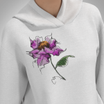 An artistic sketch-style machine embroidery design of a pink watercolor-effect flower with an orange center and a green leaf, stitched on the chest of a white hooded sweatshirt, as shown in Watercolor Flower Machine Embroidery Design