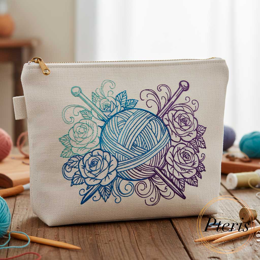 Yarn Ball with Roses Machine Embroidery Design - Floral Knitting Digital File - Image 2