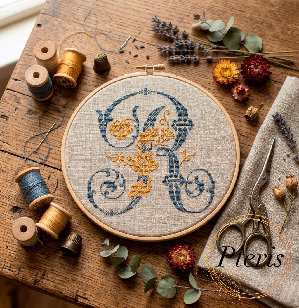 Ornamental Monogram Letter R Cross Stitch Machine Embroidery Design - Image 4