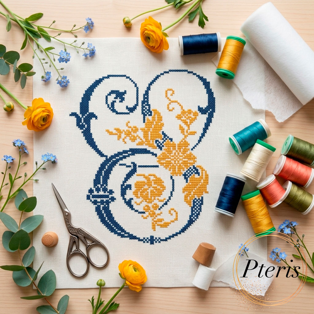 Ornamental Monogram Letter S Cross Stitch Machine Embroidery Design